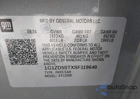 2025 Chevrolet Malibu Fwd 1Lt из США, поврежденный, VIN 1G1ZD5STXSF119649